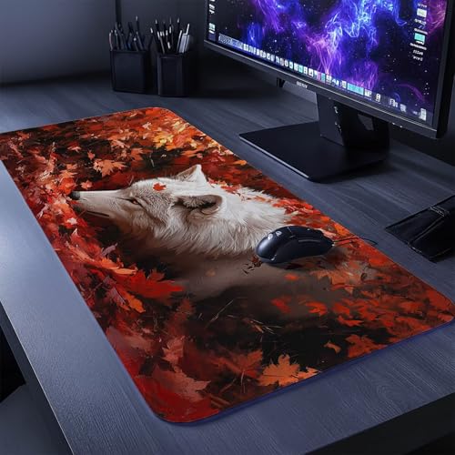 Mauspad Wolf Mauspad xxl 1400x600x3 mm Wasserdicht Mousepad Antirutsch Gummibasis Schreibtischunterlage für Büro Gaming, Mouse Pad Tier für Pc Gaming Maus Tastatur Kabellos Laptop Herbstdeko DBYH-3984 Bild 2