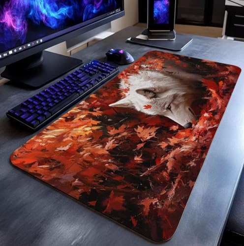 Mauspad Wolf Mauspad xxl 1400x600x3 mm Wasserdicht Mousepad Antirutsch Gummibasis Schreibtischunterlage für Büro Gaming, Mouse Pad Tier für Pc Gaming Maus Tastatur Kabellos Laptop Herbstdeko DBYH-3984 Bild 3