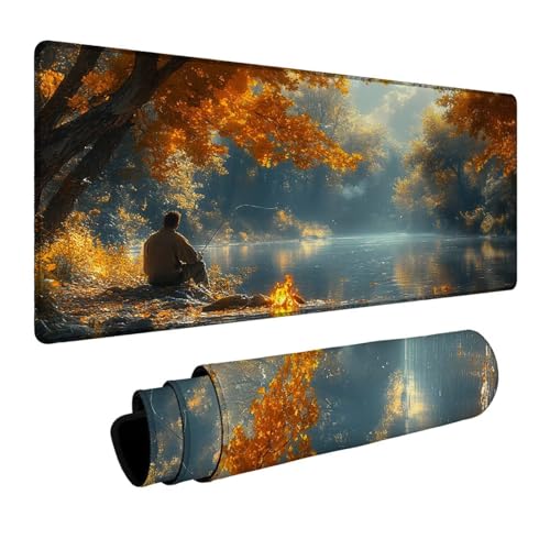 Mauspad Angeln Mauspad xxl 140x60x0.3cm Wasserdicht Mousepad Antirutsch Gummibasis Schreibtischunterlage für Büro Gaming, Mouse Pad See für Pc Gaming Maus Tastatur Kabellos Laptop Herbstdeko DBYH-2422 Bild 1
