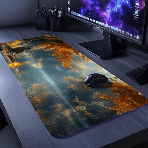Mauspad Angeln Mauspad xxl 140x60x0.3cm Wasserdicht Mousepad Antirutsch Gummibasis Schreibtischunterlage für Büro Gaming, Mouse Pad See für Pc Gaming Maus Tastatur Kabellos Laptop Herbstdeko DBYH-2422 Bild 2