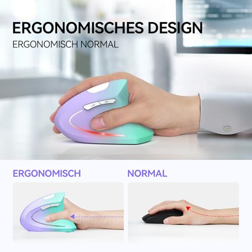 TECKNET Ergonomische Maus, Kabellose Bluetooth Vertikale Maus(BT 5.0+BT 3.0+2.4G), 6 Einstellstufen bis 4800 DPI, Optisch Leise Wireless Mouse für Laptop/PC/Mac/Tablet/iPad(Win/Android/iOS), 6 Tasten Bild 2