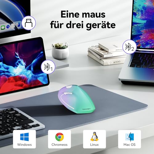 TECKNET Ergonomische Maus, Kabellose Bluetooth Vertikale Maus(BT 5.0+BT 3.0+2.4G), 6 Einstellstufen bis 4800 DPI, Optisch Leise Wireless Mouse für Laptop/PC/Mac/Tablet/iPad(Win/Android/iOS), 6 Tasten Bild 3