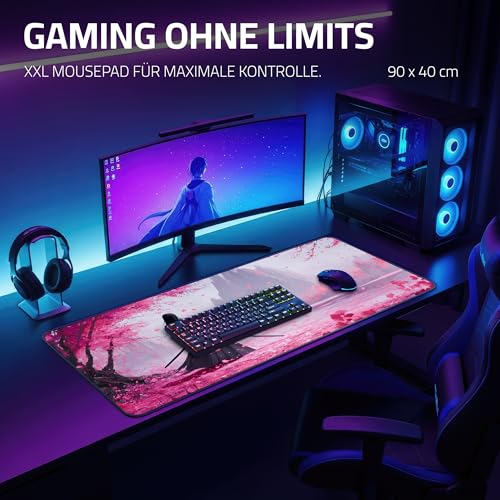 XXL Gaming Mauspad 900x400 - Vernähte Kanten & wasserabweisend - Anime Mousepad für Gamer & Büro - großes Maus Pad & Schreibtischunterlage - Mouse Mat Setup & PC Bild 3