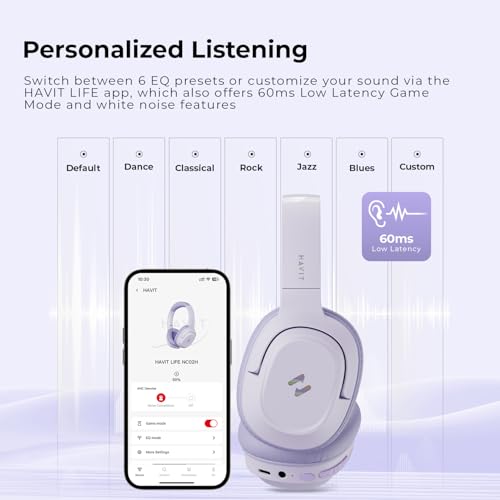 havit Active Noise Cancelling Kopfhörer, Kabellose Over Ear Bluetooth Kopfhörer mit 60ms Low Latency Game Mode, 50H Spielzeit, Faltbare Overhead-Kopfhörer mit tiefem Bass, Bluetooth 5.4, App-Steuerung Bild 4