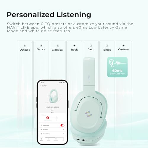 havit Active Noise Cancelling Kopfhörer, Kabellose Over Ear Bluetooth Kopfhörer mit 60ms Low Latency Game Mode, 50H Spielzeit, Faltbare Overhead-Kopfhörer mit tiefem Bass, Bluetooth 5.4, App-Steuerung Bild 5