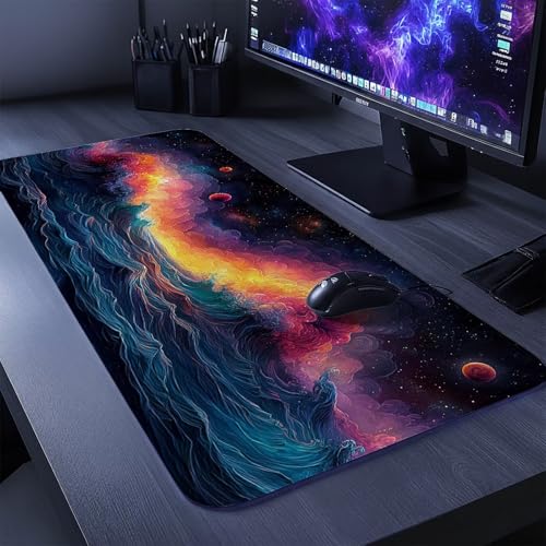 Mauspad Sternenhimmel Mousepad Meereswellen, Mousepad XXL 60x140x0.3 cm Genähte Kanten Genauigkeit Geschwindigkeit Verbessern, Maus Schreibtischunterlage für Gaming Zubehör Geschenke DBYH-7910 Bild 2