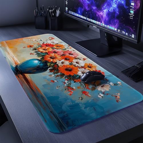 Mauspad Blume Mauspad xxl 1400x600x3mm Wasserdicht Mousepad Antirutsch Gummibasis Schreibtischunterlage für Büro Gaming, Mouse Pad Vase für Pc Gaming Maus Tastatur Kabellos Laptop Herbstdeko DBYH-8002 Bild 2