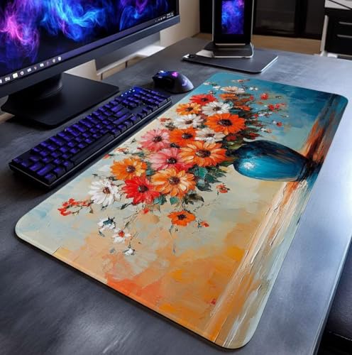 Mauspad Blume Mauspad xxl 1400x600x3mm Wasserdicht Mousepad Antirutsch Gummibasis Schreibtischunterlage für Büro Gaming, Mouse Pad Vase für Pc Gaming Maus Tastatur Kabellos Laptop Herbstdeko DBYH-8002 Bild 3