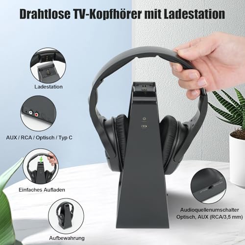 Drahtlose TV-Kopfhörer mit Ladestation und Sender, 2,4-GHz-Funkkopfhörer zum Fernsehen, große Bedientasten und Klangverstärkung für Senioren, Leichtes, Bequemes Bluetooth-Headset, Einfach zu Bedienen Bild 2