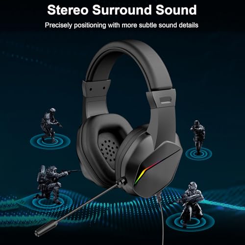 XUMIUZIY Kabelgebundenes Gaming Headset für PC, Over Ear Kopfhörer mit Geräuschunterdrückung und Mikrofon, LED Licht, 7.1 Surround Sound, Memory Schaum Ohrpolster, 40 mm Treiber, für PS (USB) Bild 2