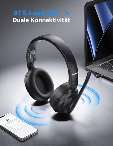 TECKNET Wireless Headset mit Noise Cancelling, V5.4 Bluetooth Headset mit Mikrofon, Mono/Stereo 2-in-1, 65+ Std. Akku, Over-Ear Headset mit USB-A Empfänger, Kabellos Kopfhörer Für Trucker/Callcenter Bild 2