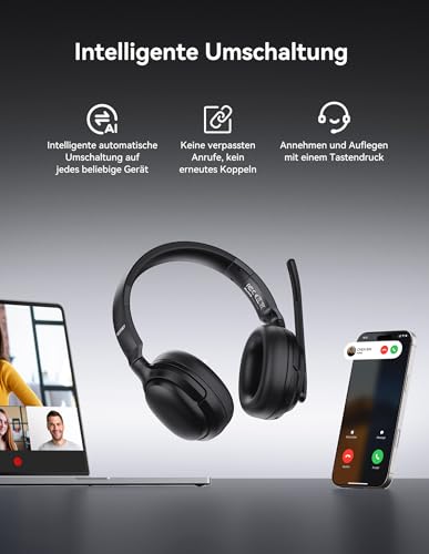 TECKNET Wireless Headset mit Noise Cancelling, V5.4 Bluetooth Headset mit Mikrofon, Mono/Stereo 2-in-1, 65+ Std. Akku, Over-Ear Headset mit USB-A Empfänger, Kabellos Kopfhörer Für Trucker/Callcenter Bild 5