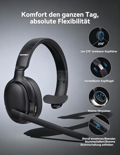TECKNET Wireless Headset mit Noise Cancelling, V5.4 Bluetooth Headset mit Mikrofon, Mono/Stereo 2-in-1, 65+ Std. Akku, Over-Ear Headset mit USB-A Empfänger, Kabellos Kopfhörer Für Trucker/Callcenter Bild 6