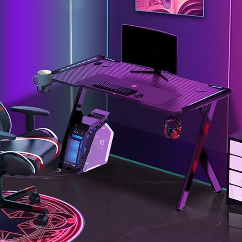 RGB-Gaming-Schreibtisch mit Kohlefaser-Metallrahmen, Getränkehalter und Headset-Haken, stilvoller 120 cm PC-Tisch für Home Office oder Gaming Setup Bild 7