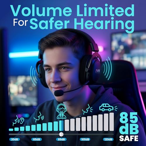 Puro Sound Labs PuroGamer-BT Kabelloses Gaming-Headset, Lautstärkebegrenzung 85 dB, Tri-Mode-Konnektivität, Abnehmbares 360°-Mikrofon – 32 Stunden Akkulaufzeit, Geringe Latenz, Bequemes Design Bild 2