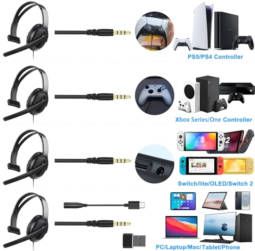 One Ear Gaming Headset with Mic (3.5mm) - Lightweight Single Ear Headset for PS5, PS4, Xbox, Switch, PC, Mac, iPad, Tablet - Includes USB-C & USB-A Adapters - Gaming Chat, Remote Work & Business Calls Bild 2