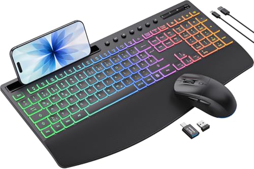 Tastatur Maus Set kabellos Beleuchtete, Wiederaufladbare Tastatur mit 4000 mAh Akku, Telefonhalter, Leise Tippen in Voller Größe, 3 DPI Maus, 2,4GHz USB-A/USB-C für Chrome OS/Window/PC- KM22 Ultra Bild 1