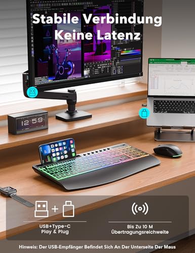 Tastatur Maus Set kabellos Beleuchtete, Wiederaufladbare Tastatur mit 4000 mAh Akku, Telefonhalter, Leise Tippen in Voller Größe, 3 DPI Maus, 2,4GHz USB-A/USB-C für Chrome OS/Window/PC- KM22 Ultra Bild 2