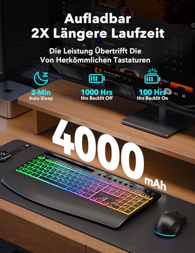 Tastatur Maus Set kabellos Beleuchtete, Wiederaufladbare Tastatur mit 4000 mAh Akku, Telefonhalter, Leise Tippen in Voller Größe, 3 DPI Maus, 2,4GHz USB-A/USB-C für Chrome OS/Window/PC- KM22 Ultra Bild 3