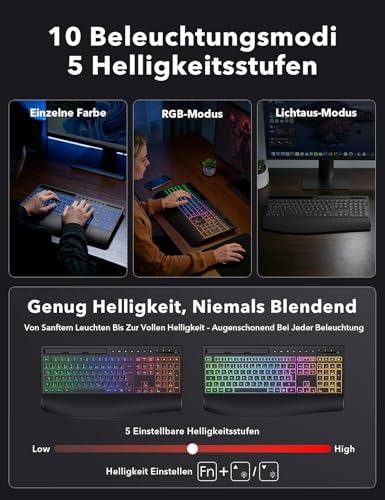 Tastatur Maus Set kabellos Beleuchtete, Wiederaufladbare Tastatur mit 4000 mAh Akku, Telefonhalter, Leise Tippen in Voller Größe, 3 DPI Maus, 2,4GHz USB-A/USB-C für Chrome OS/Window/PC- KM22 Ultra Bild 4
