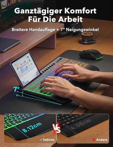Tastatur Maus Set kabellos Beleuchtete, Wiederaufladbare Tastatur mit 4000 mAh Akku, Telefonhalter, Leise Tippen in Voller Größe, 3 DPI Maus, 2,4GHz USB-A/USB-C für Chrome OS/Window/PC- KM22 Ultra Bild 5