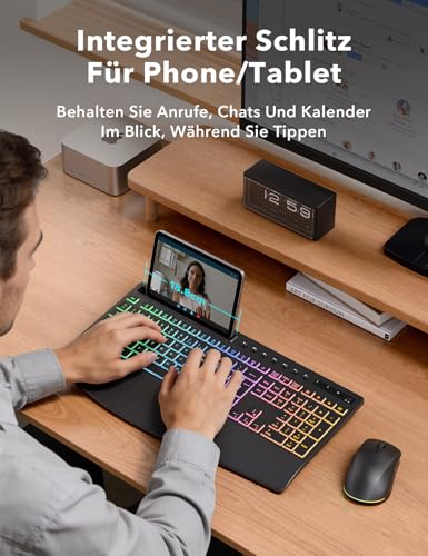 Tastatur Maus Set kabellos Beleuchtete, Wiederaufladbare Tastatur mit 4000 mAh Akku, Telefonhalter, Leise Tippen in Voller Größe, 3 DPI Maus, 2,4GHz USB-A/USB-C für Chrome OS/Window/PC- KM22 Ultra Bild 6