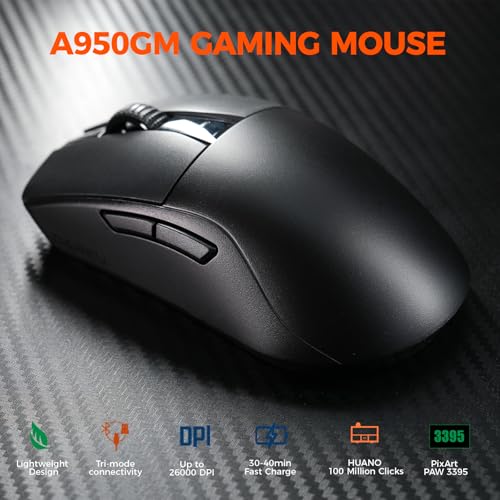 DAREU A950GM 60g Ultralight Gaming Mouse, PixArt PAW3395 Gaming Sensor, 100 Millionen HUANO Gaming Micro Switches, 26000 DPI, 30 Minuten Schnellladung, Tri-Mode Gaming-Maus für PC/Mac, Schwarz Bild 2