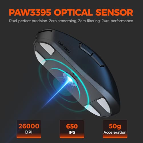 DAREU A950GM 60g Ultralight Gaming Mouse, PixArt PAW3395 Gaming Sensor, 100 Millionen HUANO Gaming Micro Switches, 26000 DPI, 30 Minuten Schnellladung, Tri-Mode Gaming-Maus für PC/Mac, Schwarz Bild 3