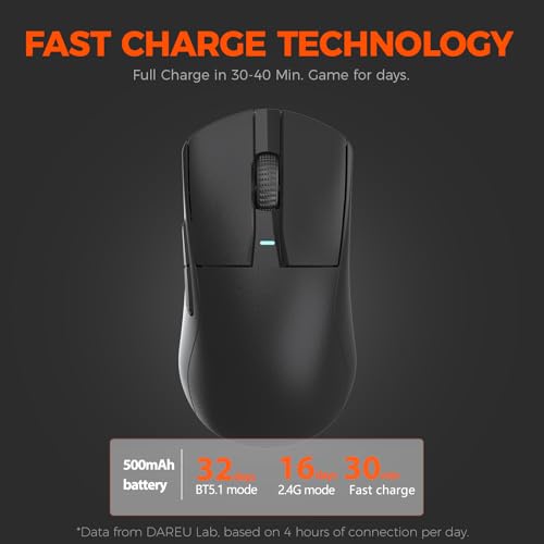 DAREU A950GM 60g Ultralight Gaming Mouse, PixArt PAW3395 Gaming Sensor, 100 Millionen HUANO Gaming Micro Switches, 26000 DPI, 30 Minuten Schnellladung, Tri-Mode Gaming-Maus für PC/Mac, Schwarz Bild 6