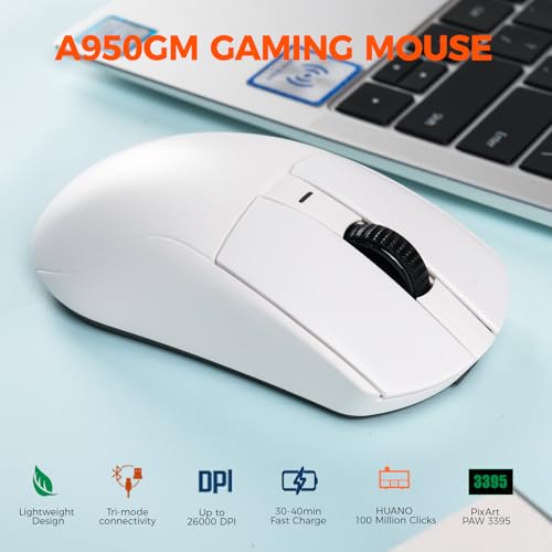 DAREU A950GM 60g Ultralight Gaming Mouse, PixArt PAW3395 Gaming Sensor, 100 Millionen HUANO Gaming Micro Switches, 26000 DPI, 30 Minuten Schnellladung, Tri-Mode Gaming-Maus für PC/Mac, Weiß Bild 2