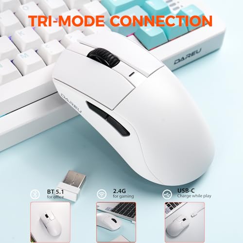 DAREU A950GM 60g Ultralight Gaming Mouse, PixArt PAW3395 Gaming Sensor, 100 Millionen HUANO Gaming Micro Switches, 26000 DPI, 30 Minuten Schnellladung, Tri-Mode Gaming-Maus für PC/Mac, Weiß Bild 3