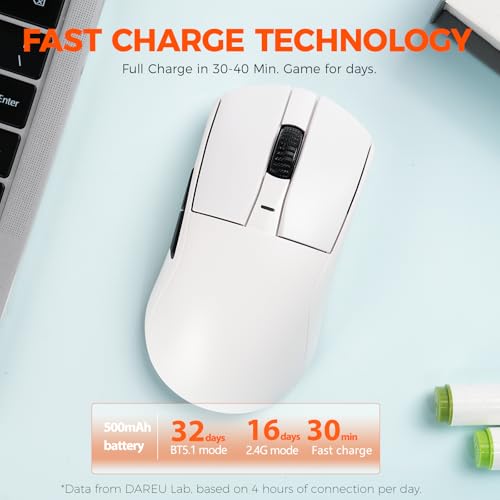 DAREU A950GM 60g Ultralight Gaming Mouse, PixArt PAW3395 Gaming Sensor, 100 Millionen HUANO Gaming Micro Switches, 26000 DPI, 30 Minuten Schnellladung, Tri-Mode Gaming-Maus für PC/Mac, Weiß Bild 4