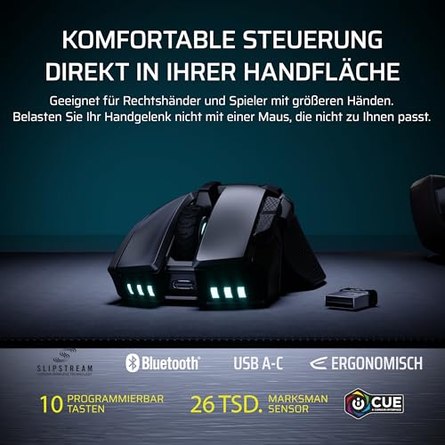 Corsair IRONCLAW Wireless SE (2026) Gaming-Maus – 26,000 DPI, Ergonomisches Design für Größere Hände, 10 Programmierbare Tasten, für MOBA, FPS, MMO – Schwarz Bild 2