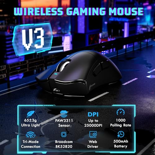 MAMBASNAKE X ATTACKSHARK V3 Kabellose Gaming-Maus,65g leicht,geteiltes Design für Rechtshänder,bis zu 25000DPI,1000Hz,PAW3311 Sensor,BK52820 MCU,2,4G/BT/USB-C, 500mAh,Web-Treiber,für PC/Mac–Schwarz Bild 2