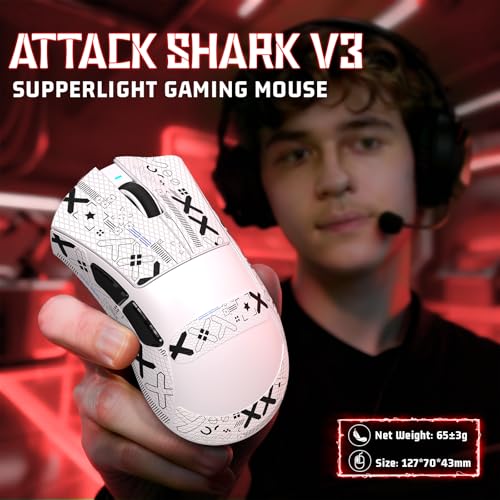 ATTACK SHARK V3 Kabellose Gaming-Maus mit Tape, 65g Ultraleicht, Optischer Sensor PAW3311 mit 25K DPI, 1K Polling, Mechanical Switch, 2,4G/BT/Wired Ergonomisch Mice für Gamer/Office/PC/Mac, Weiß Bild 2