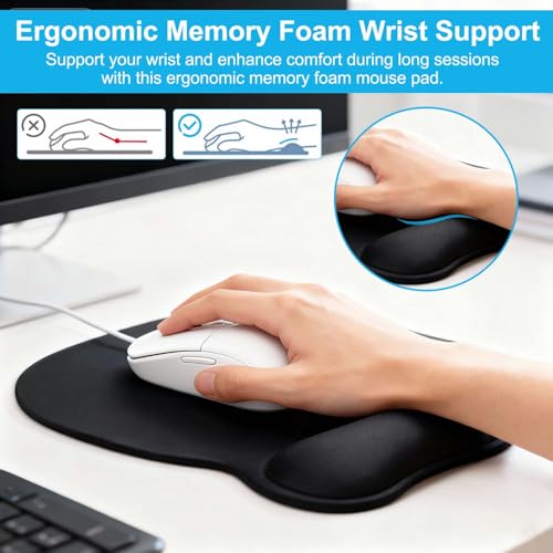 Ergonomisch Mousepad mit Handauflage, Memory-Schaum Gelkissen & Rutschfester Basis, Glatte Oberfläche für Büro und Gaming, wasserdichte Mauspad für Computer, Laptop, PC, 24x21cm (Schwarz) Bild 2