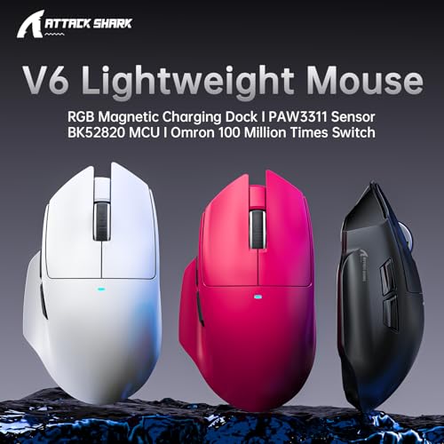 ATTACK SHARK V6 65g Superlight Mouse with Magnetic Charging Dock, PixArt PAW3311 Gaming Sensor, 25000 DPI, 500 mAh Battery, BT/Wireless/Wired Ergonomic Mice with Thumb Rest, for Win11/Xbox/PS/Mac Bild 2