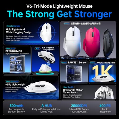 ATTACK SHARK V6 65g Superlight Mouse with Magnetic Charging Dock, PixArt PAW3311 Gaming Sensor, 25000 DPI, 500 mAh Battery, BT/Wireless/Wired Ergonomic Mice with Thumb Rest, for Win11/Xbox/PS/Mac Bild 3