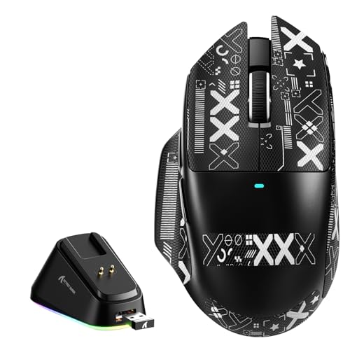MAMBASNAKE x Attack Shark V6 Kabellose Gaming-Maus mit Magnet-Ladestation, 65 g Leichtgewicht, PAW3311 Sensor, 25.000 DPI, BT/2.4G/USB-C, 100 Mio. Klicks, 500mAh für Rechtshänder–Schwarz+Griffband Bild 1