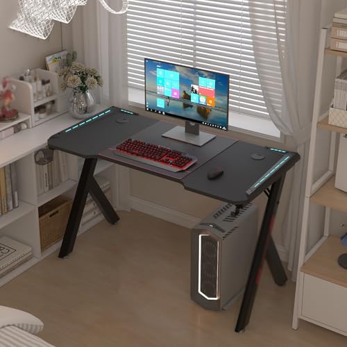 RGB-Gaming-Schreibtisch mit Karbonfaser-stabilem Metallrahmen, Getränkehalter und Headset-Haken, 99,8 cm, Computertisch für Heimbüro und Gaming-Setup Bild 4