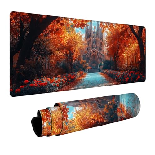 Mauspad Kathedrale Sagrada Familia Gaming Mauspad XXL 100x40x0.3cm Schreibtischunterlage Landschaft Genähte Kanten Antirutsch Gummibasis, Mauspad Gaming für Laptop Maus Home Decoration FSBD-0020 Bild 1