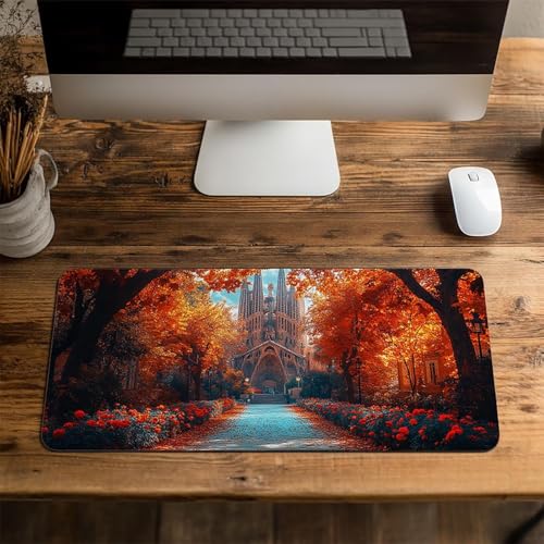 Mauspad Kathedrale Sagrada Familia Gaming Mauspad XXL 100x40x0.3cm Schreibtischunterlage Landschaft Genähte Kanten Antirutsch Gummibasis, Mauspad Gaming für Laptop Maus Home Decoration FSBD-0020 Bild 4