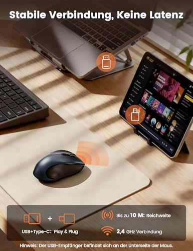 SABLUTE Maus Kabellos, 2,4GHz Funkmaus mit 800/1200/1600 Einstellbare DPI, 6 Leise Tasten, Links und Rechtshänder, Niedriger Stromverbrauch, Lange Standby Zeit, Maus für Laptop/PC/Mac/Linux -Grau M01 Bild 2