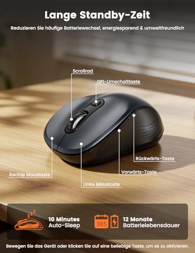SABLUTE Maus Kabellos, 2,4GHz Funkmaus mit 800/1200/1600 Einstellbare DPI, 6 Leise Tasten, Links und Rechtshänder, Niedriger Stromverbrauch, Lange Standby Zeit, Maus für Laptop/PC/Mac/Linux -Grau M01 Bild 5