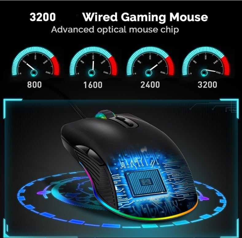 USB C kabelgebundene Gaming-Maus, geräuscharmes Klicken, 4 Farben, RGB-Hintergrundbeleuchtung, optische Maus Typ C mit 1,8 m Kabel, 3200 D-PI, 6 Tasten, ergonomische Maus für PC, Laptop Bild 3