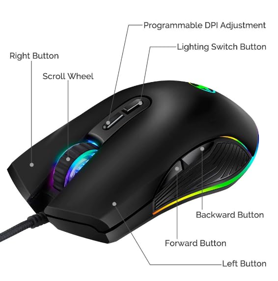 USB C kabelgebundene Gaming-Maus, geräuscharmes Klicken, 4 Farben, RGB-Hintergrundbeleuchtung, optische Maus Typ C mit 1,8 m Kabel, 3200 D-PI, 6 Tasten, ergonomische Maus für PC, Laptop Bild 4