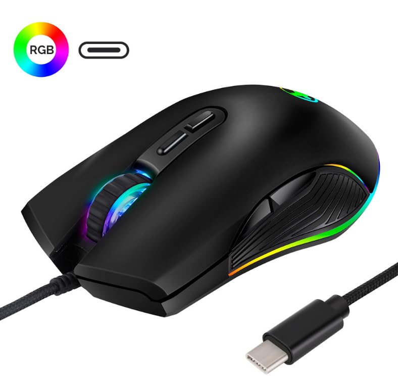 USB C kabelgebundene Gaming-Maus, geräuscharmes Klicken, 4 Farben, RGB-Hintergrundbeleuchtung, optische Maus Typ C mit 1,8 m Kabel, 3200 D-PI, 6 Tasten, ergonomische Maus für PC, Laptop Bild 7