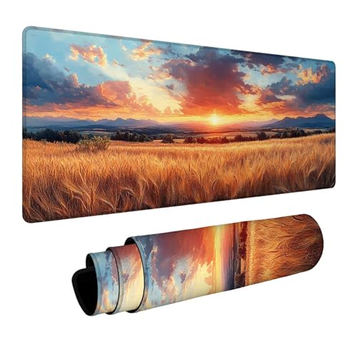 Mauspad Weizenfeld Gaming Mauspad XXL 1000x400x3mm Wasserfest Schreibtischunterlage Sonnenuntergang Genähte Kanten Antirutsch Gummibasis, Mauspad Gaming für Laptop Maus Home Decoration FSBD-1014 Bild 1