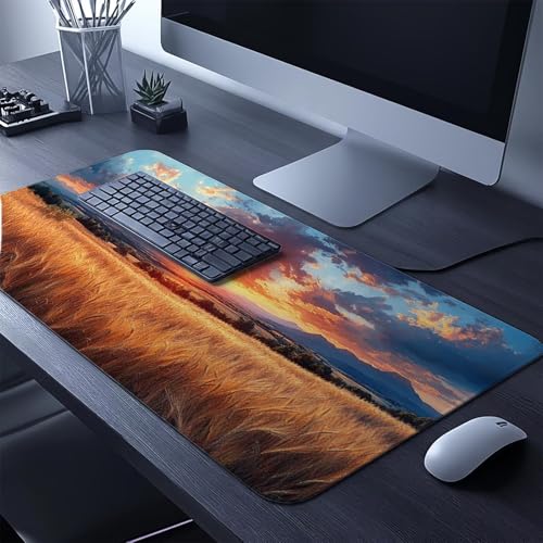 Mauspad Weizenfeld Gaming Mauspad XXL 1000x400x3mm Wasserfest Schreibtischunterlage Sonnenuntergang Genähte Kanten Antirutsch Gummibasis, Mauspad Gaming für Laptop Maus Home Decoration FSBD-1014 Bild 2