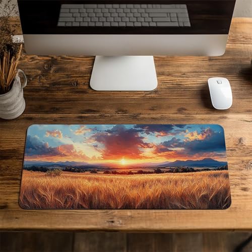 Mauspad Weizenfeld Gaming Mauspad XXL 1000x400x3mm Wasserfest Schreibtischunterlage Sonnenuntergang Genähte Kanten Antirutsch Gummibasis, Mauspad Gaming für Laptop Maus Home Decoration FSBD-1014 Bild 4